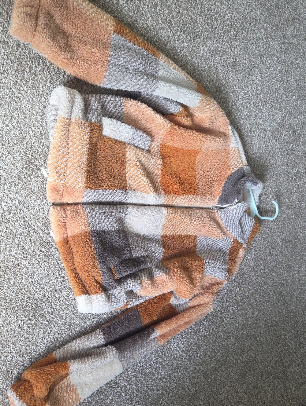 Thread & Supply Plaid Sherpa Zip-Up Jacket in Tan, Orange, Cream & Gray